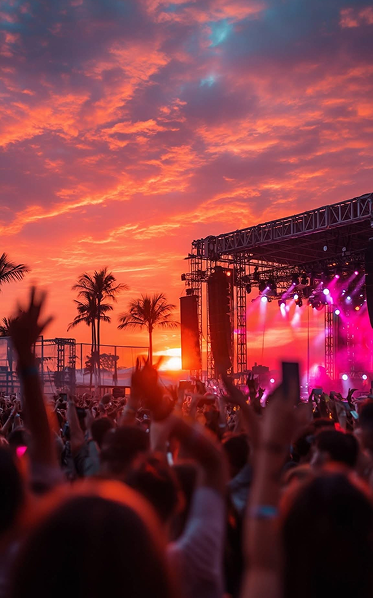 Crowd enjoying a live event at sunset